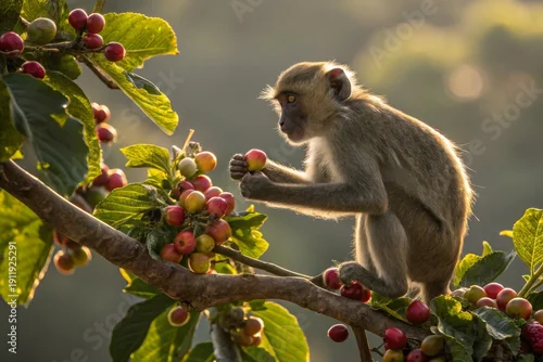 Fototapeta A young monkey crouched on a fruit-laden branch in natural sunlight, reaching for ripe berries.