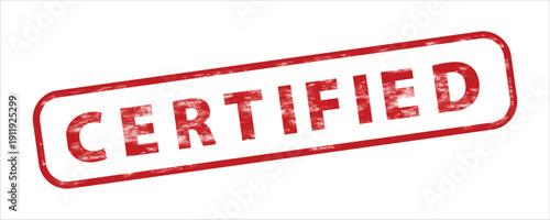Distressed red vector rubber stamp with the word "CERTIFIED" in bold uppercase letters, isolated on a transparent white background, angled for dynamic effect.