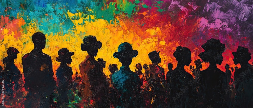 Obraz premium Panoramic Oil Painting of African American Crowd Silhouettes against Vibrant Pan-African Colorful Background, Unity and Black History Month Concept - mes de la historia negra fondo febrero