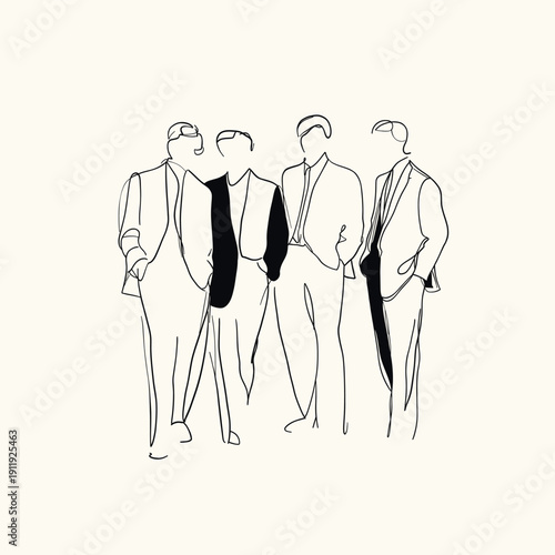 Minimalist continuous line illustration of four stylish businessmen in suits, representing teamwork, leadership, modern fashion, and business lifestyle