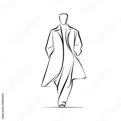 Hand drawn minimal line art of an elegant man walking in a long coat. Fashion illustration ideal for editorial design, branding, posters or modern lifestyle concepts