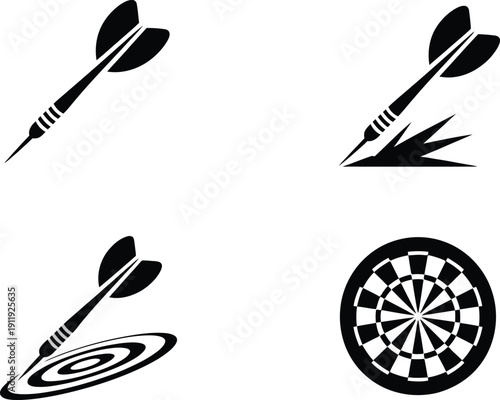 Collection of four black and white dart icons a single dart, a dart impacting a surface with splash, a dart landing on a target, and a classic dartboard.