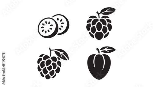 black color Cherimoya fruits set of silhouette vector illustration, solid white background
