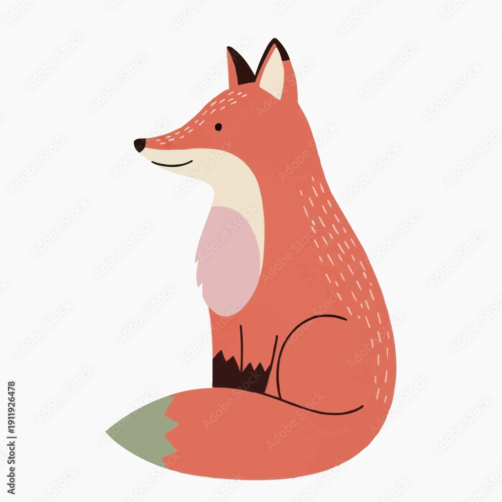 Obraz premium Cute illustrated fox with orange fur sitting calmly on white background 