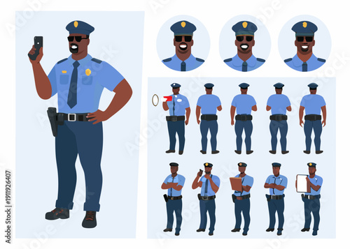 Police officer character design sheet with multiple poses and expressions