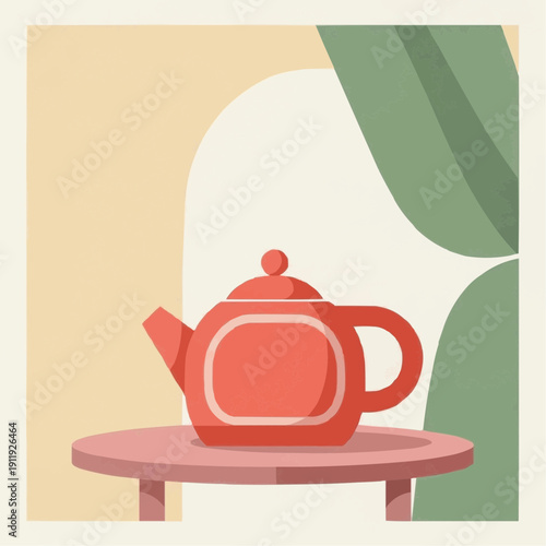 Stylish red teapot on pink table near green curtain indoors  