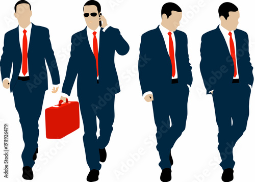 Four stylized businessmen walking in suits with a red briefcase