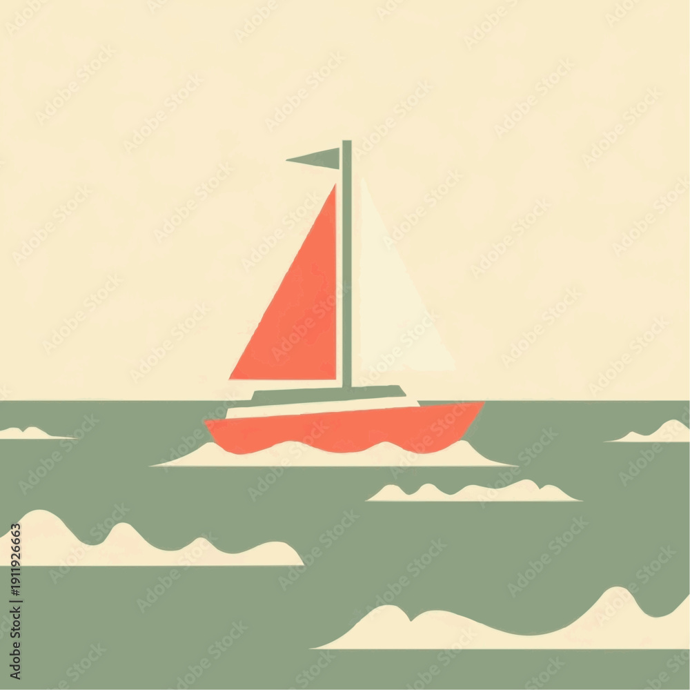Naklejka premium Sailboat sailing on waves in a retro style illustration 
