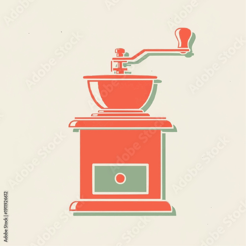 Vintage coffee grinder in red and green color on light background  