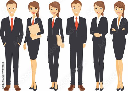 Diverse group of business professionals in formal attire standing in a row