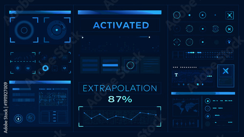 Futuristic user interface with activated status and data extrapolation display