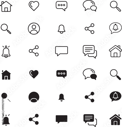 Social media notification icon set featuring home, like, comment, search, user profile, repost, red speech bubble, share and save symbols
