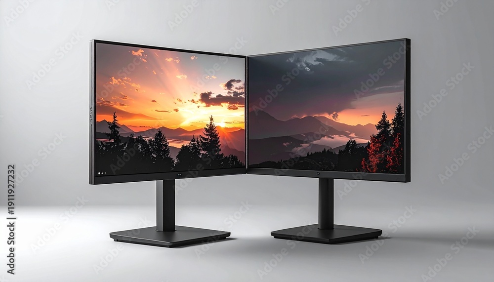 Fototapeta premium Dual Computer Monitors Displaying Landscapes.