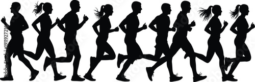 Large set of male and female runner silhouettes in various jogging poses for marathon events, fitness training, athletic competition, and healthy lifestyle sports concepts.