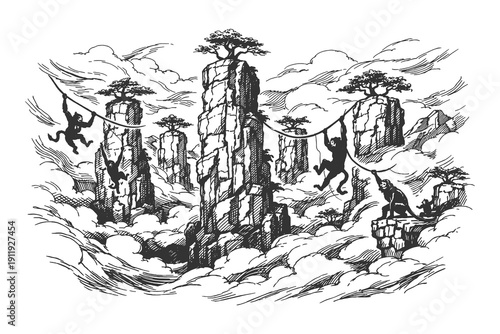 Whimsical etching vector illustration of monkeys swinging between tall rock pillars and bonsai trees high above a misty mountain landscape.