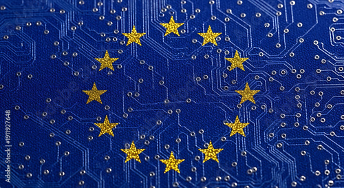 Europe's Digital Frontier Graphic combining the European Union flag with circuit patterns, symbolizing technological advancement, data infrastructure, and continental interconnectedness