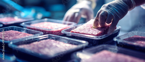 Worker in rubber gloves places raw meatloaf in clear plastic containers for packaging in food processing facility during production of semi-finished meat products