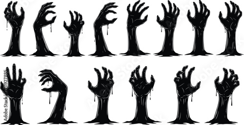 Spooky Halloween Zombie Hand Silhouette Set Featuring Creepy Undead Arms with Dripping Blood for Horror Party Decor and Scary Invitations, cad drawing flat vector illustration