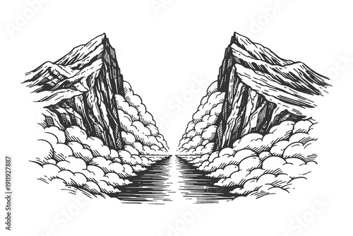 Hand drawn engraving vector illustration of a calm river flowing through a narrow mountain canyon with steep cliffs and soft clouds in a woodcut style.