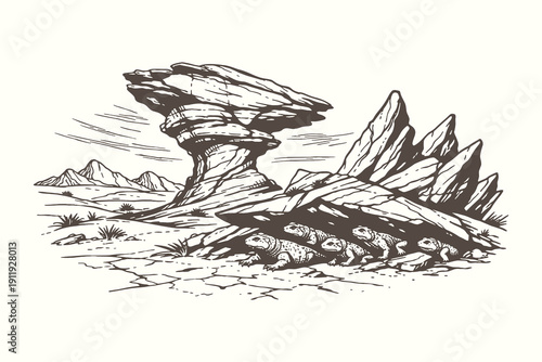 Majestic etching vector illustration of a desert landscape featuring a unique rock formation with small animals seeking shade underneath.
