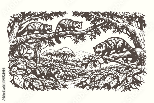 Fotografía Detailed woodcut vector illustration of several civets perched on coffee tree branches surrounded by berries in a tropical plantation setting