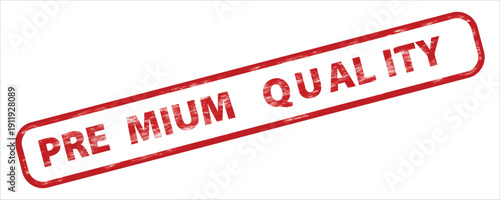 Vector red distressed rubber stamp with 'PREMIUM QUALITY' text, angled on a transparent background, ideal for product labels or website banners.