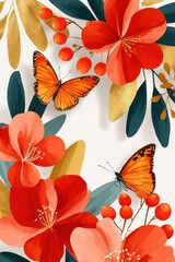 Red butterflies and red flowers frame on white background in vibrant botanical border design