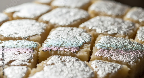 Close-up of Indian sweets covered in edible silver leaf and pastel colors, showcasing intricate textures and a rich culinary tradition