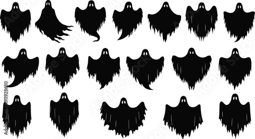 Large set of spooky ghost silhouettes in various flying poses for Halloween party decorations, paranormal investigations, horror illustrations, and creepy haunted house graphic design.