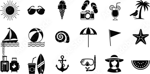 Large set of summer vacation and beach holiday icons featuring sun, surfboard, tropical palm, seashells, and travel equipment in flat black style for tourism.