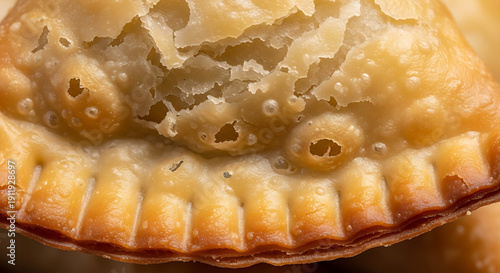 Close-up shot of a golden-brown, flaky pastry, showcasing its crispy texture and delicate layers