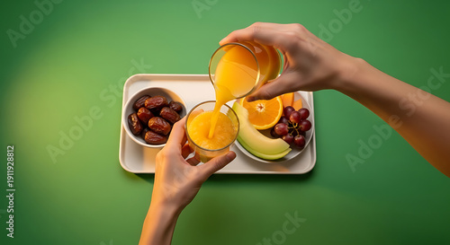 Refreshing Moment Hands Delicately Pouring Freshly Squeezed Orange Juice into a Glass, Complementing a Nutritious Arrangement of Sweet Dates and Assorted Fruits on a Vivid Green Surface