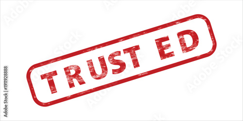 Vector red distressed rubber stamp with the word TRUSTED in bold capital letters, isolated on a transparent background, angled for a dynamic effect.