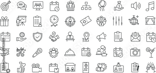 Event planning editable stroke outline icons set. 
