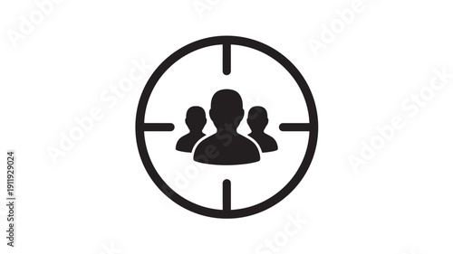 Target audience icon with people silhouettes inside crosshair, user targeting and segmentation symbol for marketing, recruitment, security access control, flat vector