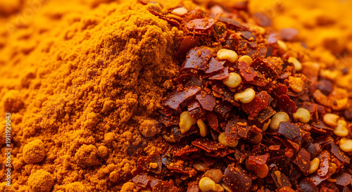 Vibrant close-up of golden ground turmeric powder next to fiery red chili flakes, showcasing essential culinary spices for enhancing flavor and aroma in diverse dishes