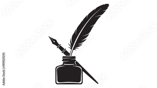 Ink bottle and quill pen icon with fountain nib silhouette, vintage calligraphy writing tool, black minimal logo design isolated on white for editor and author