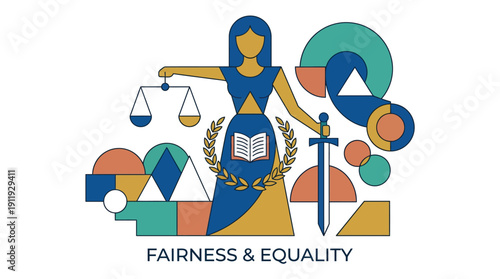 Woman Judge Lady Justice holding scales sword book Justice Law Equality Fairness Geometric Flat Design Colorful Vector Illustration Clean