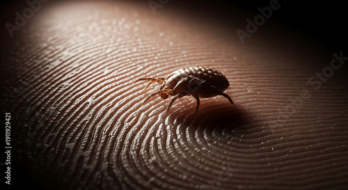 Close-up macro photograph of a dust mite crawling on human skin with focus on the intricate texture of fingerprints