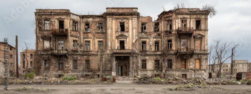 Abandoned Building in Post-Conflict Area Showcasing Documented Architectural Decay and Historic Style