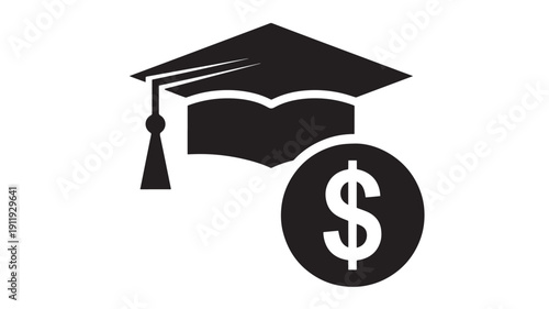 Graduation cap icon with tassel and open book plus dollar symbol coin, education finance concept for tuition costs, scholarships, student loans, and savings