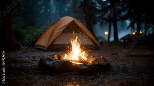 A glowing campfire illuminates a tent at a dark forest campsite at night