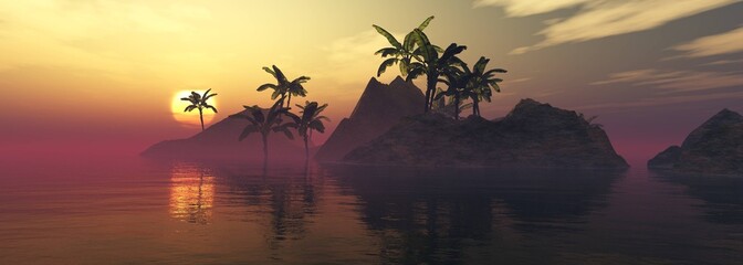 Leinwandbilder Purpur Beautiful beach with palm trees at sunset, panorama of a tropical landscape, sea sunset, 3d rendering  © ustas