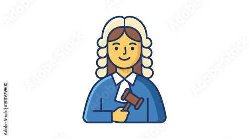 Woman Judge with gavel, wig, symbolizing justice & law. Flat outline vector isolated icon.