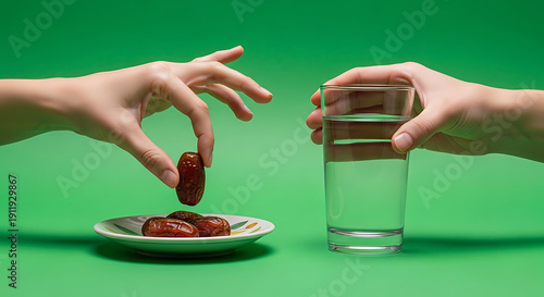 Close-up of hands reaching for dates and water on a vibrant green background, symbolizing iftar during Ramadan