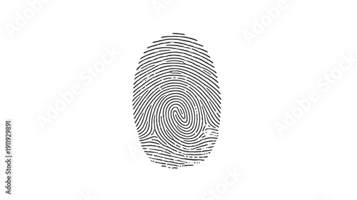 Fingerprint line icon with black biometric swirl ridges and minimal outline style, isolated on white background for identity security authentication and forensic design
