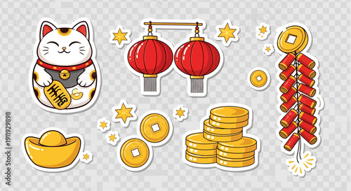 Cute Chinese New Year Stickers Featuring Maneki-neko, Lanterns, Firecrackers, and Gold Coins