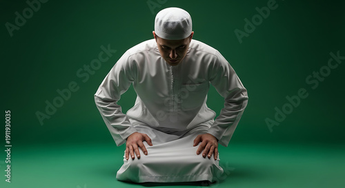 Devout Muslim man in traditional white prayer attire performs sacred prostration against a vibrant green backdrop, symbolizing deep faith and spiritual devotion