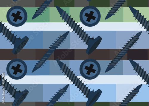 Seamless pattern of dark blue screws on a pixelated blue and green background.