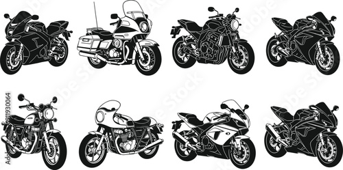 Motorcycle and Sportbike Vector Set Featuring Diverse Models Including Racing Bikes Cruisers and Classic Choppers Isolated on White Background for Automotive and Transportation Design Projects.